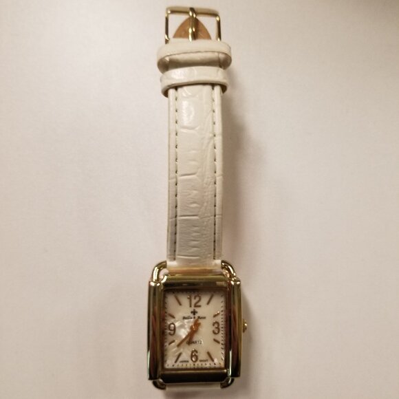 Bella & Rose Faux White Leather Watch with Mother of Pearl Watch Face
